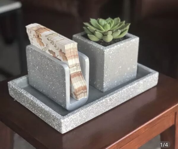 Concrete tray with napkin holder and planter